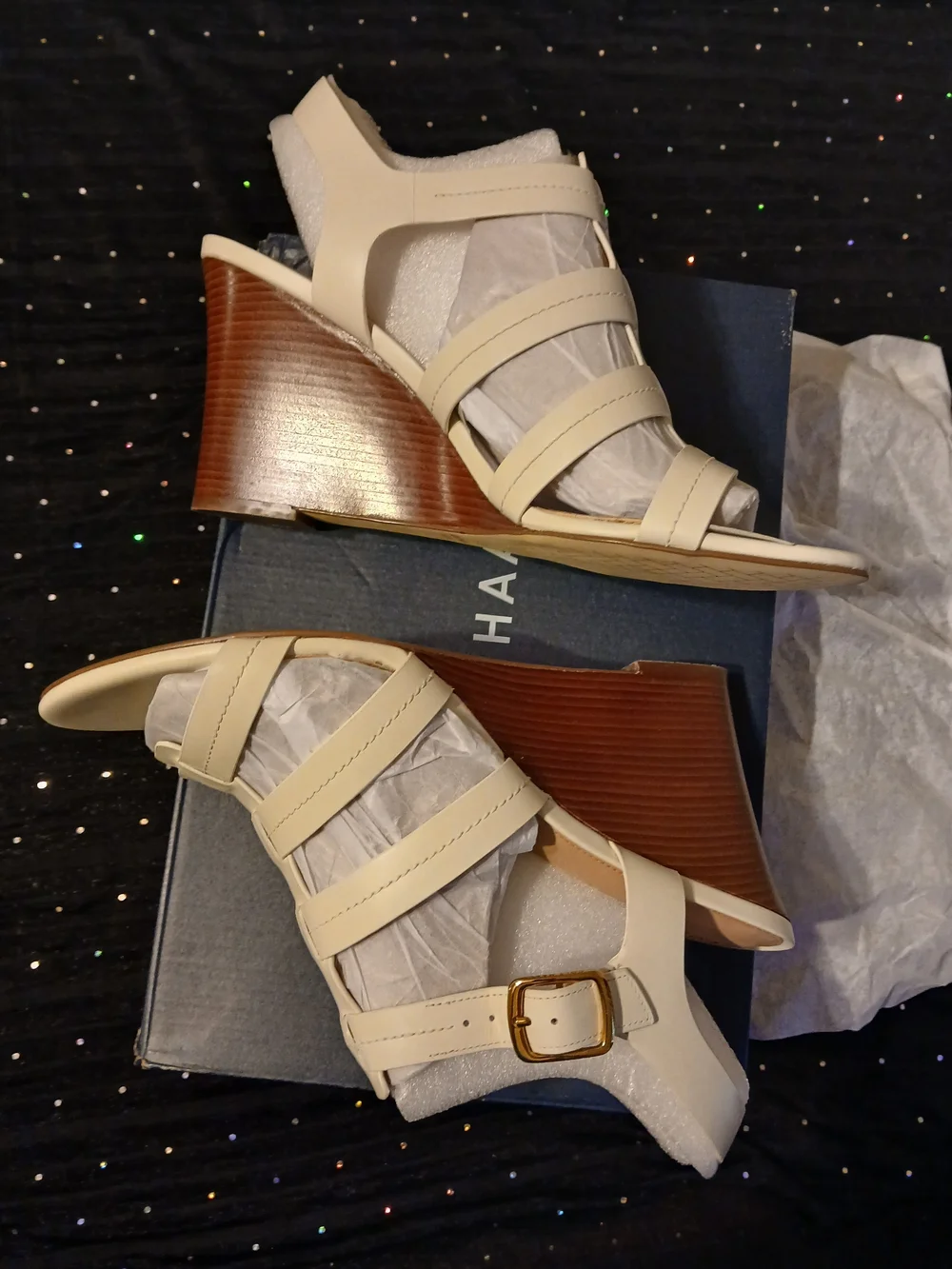 Cole Haan Cream Multi-Strap Wedge Sandals with Gold Buckle Accent